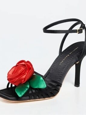 Loeffler Randall black satin red flower high heel sandals size 7